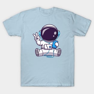 Astronaut Listening Music With Headphone And Peace Hand  Cartoon T-Shirt